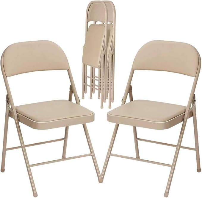 4 Pack Khaki Folding Chairs with Padded Cushion and Back, Portable Duty Metal Frame Commercial Seat, Foldable Indoor Outdoor Chairs for Office Party Events Kitchen Dinning Wedding, 330-LBS Capacity