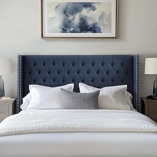 Madison Park Queen Button Tufted Headboard, Adjustable Upholstered Transitional Wingback Headboard, Nailhead Trim, Wooden Frame, Black Metal Legs, Flush Flat Back, Vintage Bedroom Décor Amelia - Navy