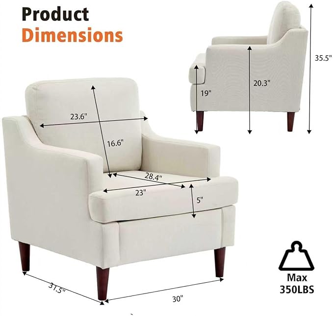 Mid-Century Accent Chair Modern Linen Fabric Armchair for Living Room,Deep Seat Comfy Upholstered Reading Chairs for Bedroom,Single Sofa Chair with Wood Legs (Linen Beige, Set of 2)