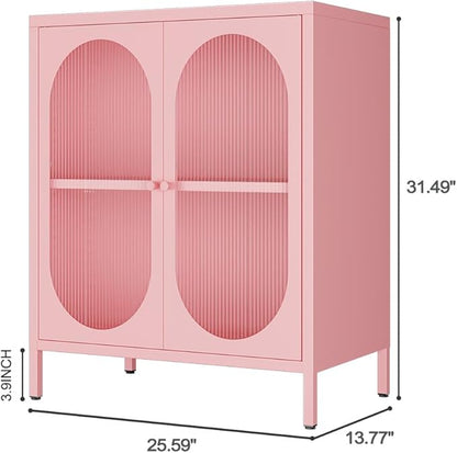 Display Cabinets with 2 Acrylic Doors，Small Pantry Cabinet, Storage Closet with Adjustable Shelf and High Feet, Pink Cabinet for Home, Office, Living Room,Dining Room,Sideboard, Hallway and Entryway