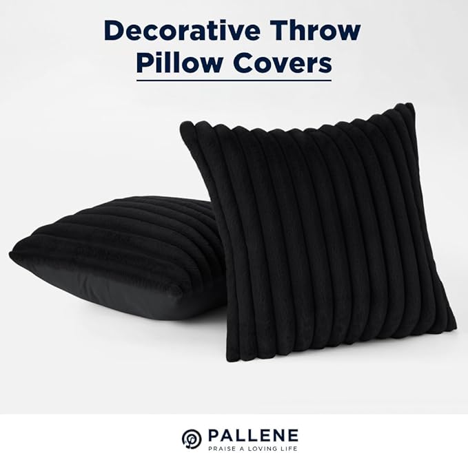 Pallene Faux Fur Plush Throw Pillow Covers 26x26 Set of 2, Luxury Soft Fluffy Striped Decorative Pillow Covers for Sofa, Couch, Living Room, Black