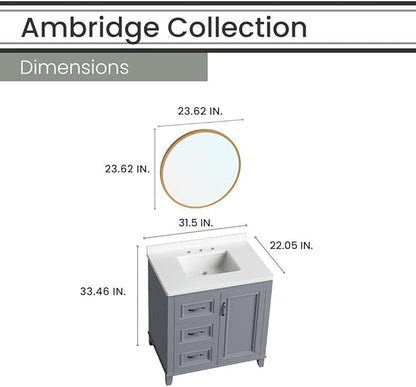 Hanover Ambridge 31'' Vanity Cabinet with Sink Combo for Bathroom, Powder Room | Pre-Assembled Cabinet | 1 Door, 3 Drawers | Artificial Stone Countertop, Gray Cabinet | HANVN0104-31-0GR