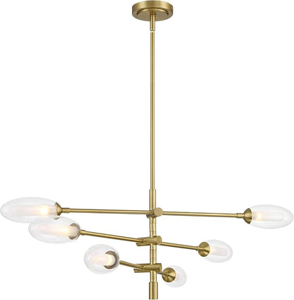 Possini Euro Design Evelyn 33" Modern Chandelier Ceiling Light Fixture Dining Room Over Table Kitchen Island Foyer Sputnik Hanging 6-Light LED Dimmable Brushed Gold Finish Glass Hallway Large