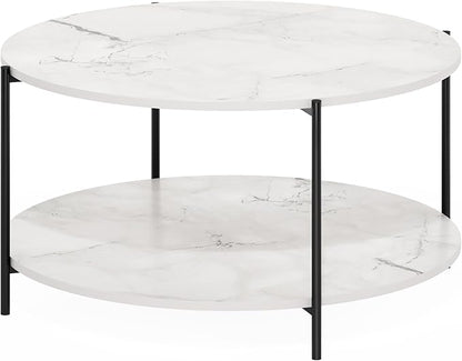 Furinno BESI Coffee Table, 2-Tier Round Modern Coffee Table with Metal Legs, Metal Frame Side Table with Open Shelf, for Living Room, Bedroom, Home Office, Marble White