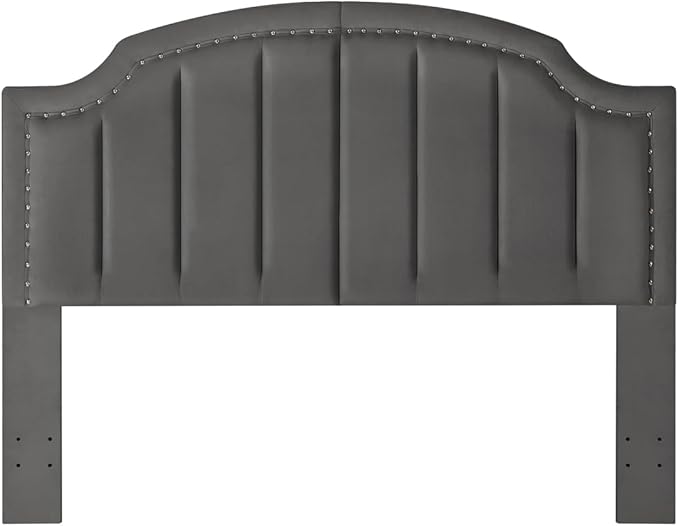 24KF Velvet Fabric Upholstered Queen/Full Headboard with Nail Trims,Modern Vertical Channel Design with Curved Headboard,6052-Q-Dark Gray
