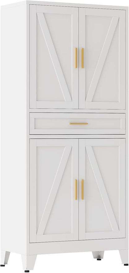 Large Metal Kitchen Pantry Cabinet with Adjustable Shelves - Freestanding Kitchen Storage Cabinet for Dining Room,Livingroom Bathroom, Hallway, Workshop, Office (White, 71"-1 Drawer)