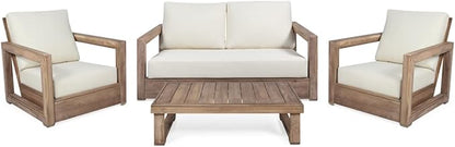 Christopher Knight Home Sammy, Brown and Beige Outdoor 4 Seater Acacia Wood Chat Set with Water Resistant Cushions