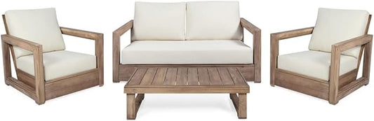 Christopher Knight Home Sammy, Brown and Beige Outdoor 4 Seater Acacia Wood Chat Set with Water Resistant Cushions