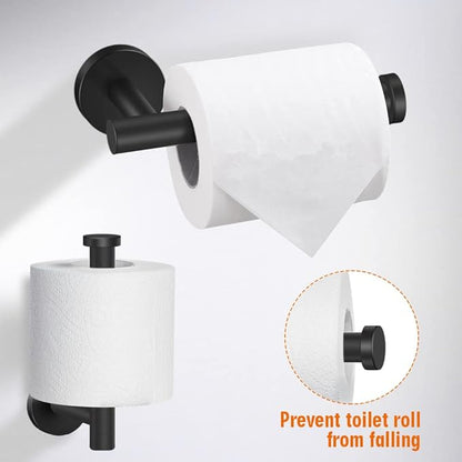 5-Pieces Matte Black Bathroom Hardware Set SUS304 Stainless Steel Round Wall Mounted - Includes 24" Hand Towel Bar, Toilet Paper Holder, 3 Robe Towel Hooks, Bathroom Accessories Kit