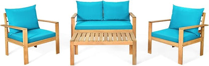 COSTWAY 4 Pieces Outdoor Acacia Wood Sofa Set, Outdoor Conversation Sofa Set with Table & Cushions Porch Chairs for Garden, Patio, Deck