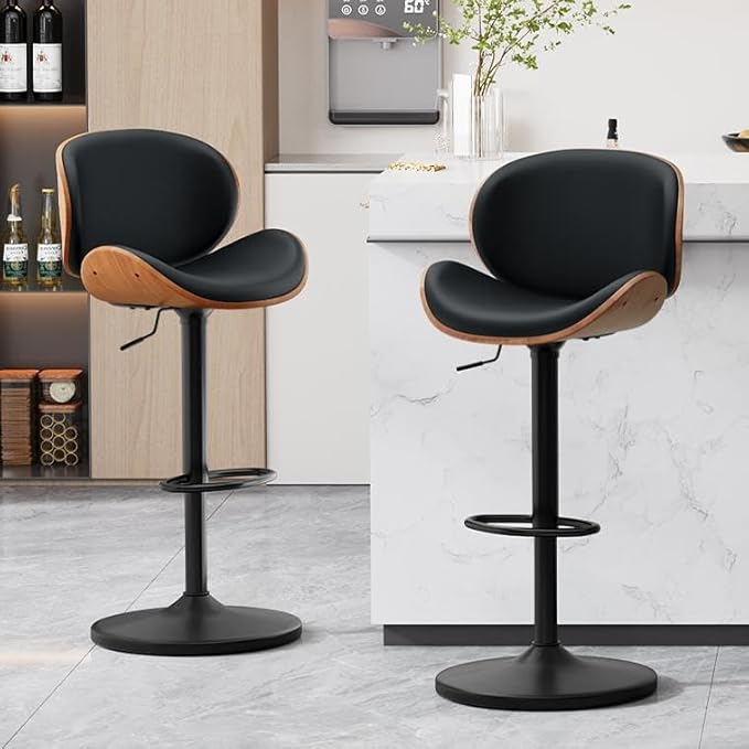 Furniliving Adjustable Bar Stools Set of 2, Swivel Bentwood Barstools Counter Height Bar Stools, Ergonomic Modern Bar Stools with Back Upholstered Barstools for Dining Room, Kitchen, Bar, Black, PU