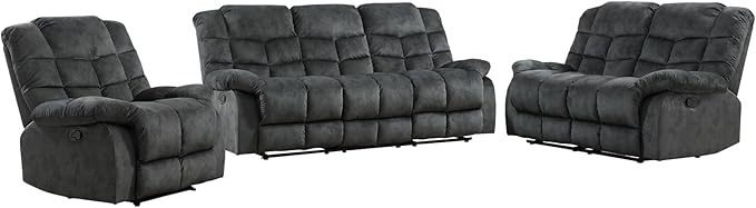 EBELLO Reclining Living Room Set, One Seat Manual Recliner, Loveseat Recliner Sofa and 3PC Bonded Manual Sofa Couch, Grey Green