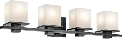 KICHLER Tully 32" 4-Light Vanity Light with Satin Etched Cased Opal Glass in Black for Over a Vanity, Soft Modern Style, (32" x 6.5" x 7"), 45152BK