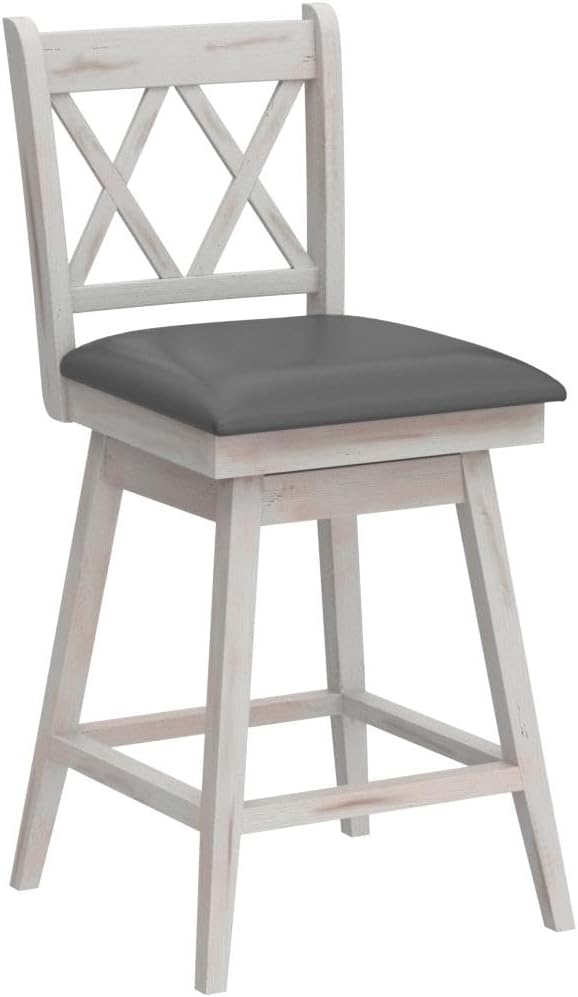 COSTWAY Bar Stool Set of 2, 360° Swivel Counter Height 25inch Bar Stool with Foot Rest Upholstered Cushion & Ergonomic Backrest, Sturdy Frame, for Pub, Kitchen Islands (2, Antique White + Grey)