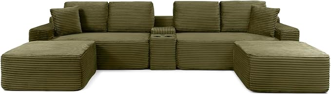 150" Oversized Modular Sectional Sofa,Deep Seat Cloud Corduroy Boneless Couch with Cup Holders,USB Ports, Wireless Charging & Storage Box,Upholstered Modular Sleeper Sofa for Living Room (Green)