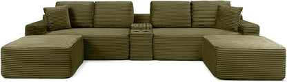 150" Oversized Modular Sectional Sofa,Deep Seat Cloud Corduroy Boneless Couch with Cup Holders,USB Ports, Wireless Charging & Storage Box,Upholstered Modular Sleeper Sofa for Living Room (Green)