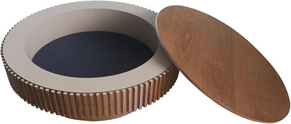 39.37'' Round Coffee Table for Living Room, Fluted Coffee Table with Hidden Storage, Solid Wood Veneered Circle Tea Table, Modern Tea Table for Small Space Apartment (Walnut)