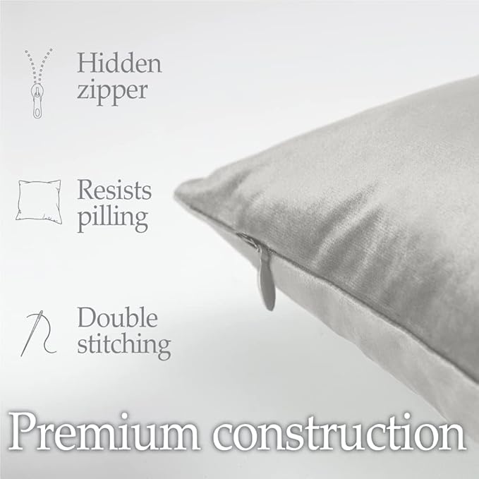 lalaLOOM Velvet Throw Pillow Covers, Set of 2, 18x18 Decorative Square Pillows Home Decor, Soft Accent Cases, Silky Machine Washable Pillowcases for Sofa, Couch, Bedroom, Living Room, Light Gray
