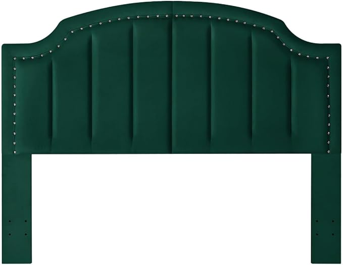 24KF Velvet Fabric Upholstered Queen/Full Headboard with Nail Trims,Modern Vertical Channel Design with Curved Headboard, 6052-Q-Jade