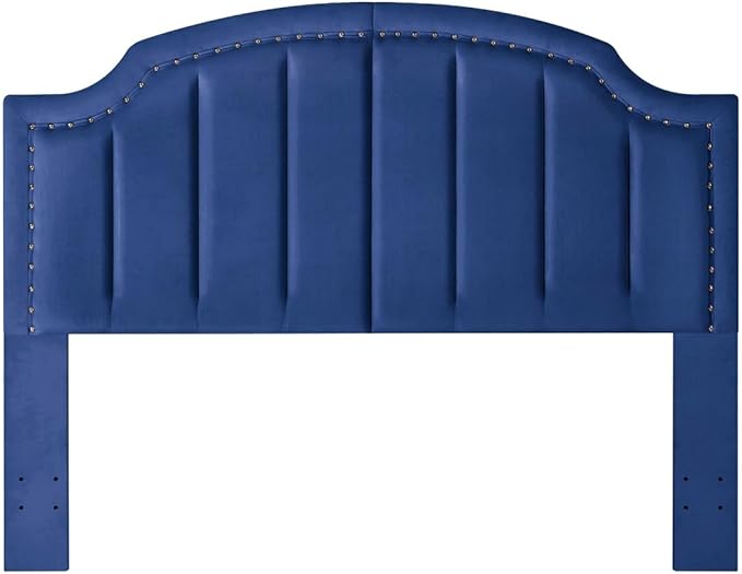 24KF Upholstered Channel Pattern Queen Headboard with Silver Nailhead Trim, Comfy Velvet Headboard Queen/Full, 6052-Q-Navy