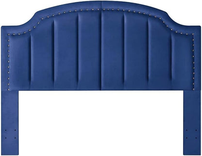24KF Upholstered Channel Pattern Queen Headboard with Silver Nailhead Trim, Comfy Velvet Headboard Queen/Full, 6052-Q-Navy