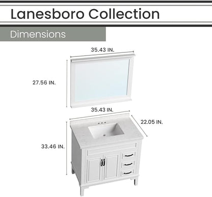 Hanover 36 Set Includes w, White Lanesboro 36'' Vanity Sink Combo for Bathroom, Powder Room | Pre-Assembled 2 Doors, 3 Drawers | Accent Mirror | Artificial Stone Countertop, Cabinet, 36 inches