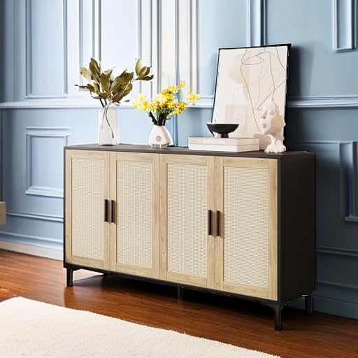 JASIWAY Sideboard - Buffet Cabinet with Storage, Rattan Kitchen Buffet Cabinet Accent Sideboard Cabinets with Doors, Coffee Bar Cabinets Rattan Sideboards for Living Room, Entryway, Black