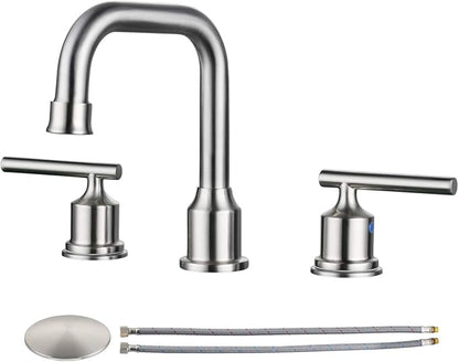 WOWOW 2 Handles 8 inch Widespread High Arc Bathroom Faucet Brushed Nickel Lavatory Faucet 3 Hole 360°Swivel Spout Modern Sink Basin Faucets