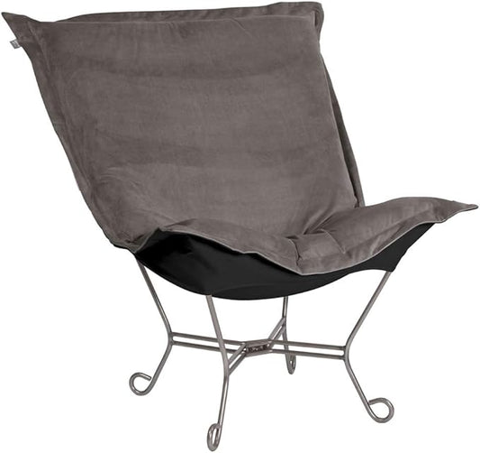 Howard Elliott Scroll Puff Rocker Seating Chair With Cover, Multipurpose Alternate Seating Butterfly Chair with Titanium Frame, Patio Furniture for Camping, Home, Indoor & Outdoor, Bella Pewter