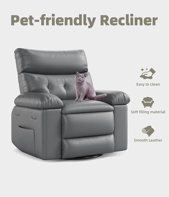 GarveeHome Oversized 27" Recliner Chairs, Classic Manual Leather Recliner, Home Theater Seating with Lumbar & Arms Support for Living Room, Bedroom and Nursery - Grey