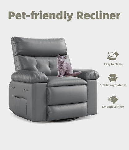 GarveeHome Oversized 27" Recliner Chairs, Classic Manual Leather Recliner, Home Theater Seating with Lumbar & Arms Support for Living Room, Bedroom and Nursery - Grey