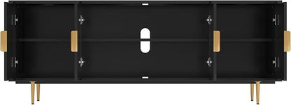 66" Modern TV Stand for TVs up to 75",TV Cabinet with Glass Door,Entertainment Center with Storage,Television Stands with Gold Legs,Media Console for Bedroom,Living Room,Black