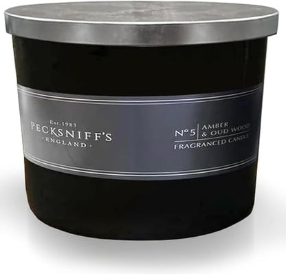 Pecksniffs Luxurious Black Tall Amber & Oud Wood Scented Candle | 3 Wicks, 283g/9.9oz