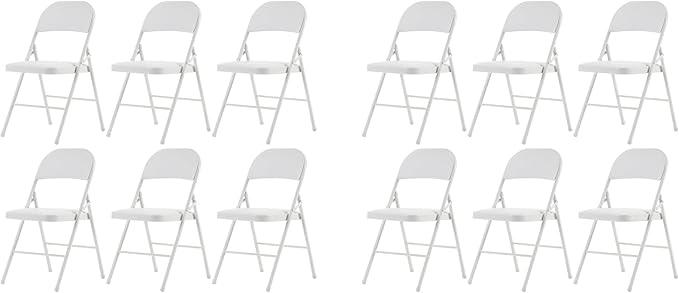 12 Pack White Folding Chairs with Padded Seats, Portable Stackable Foldable Chairs for Indoor and Outdoor, Commercial Seat with Metal Frame for Events Office Wedding Party, 330lbs Capacity