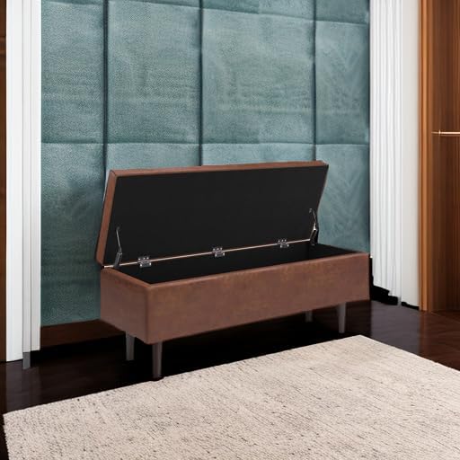 SIMPLIHOME Shay 48 inch Wide Mid Century Modern Rectangular Storage Ottoman in Distressed Saddle Brown Vegan Faux Leather, Assembled, For the Living Room, Entryway and Family Room