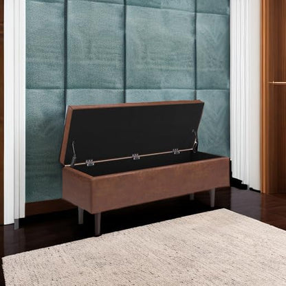 SIMPLIHOME Shay 48 inch Wide Mid Century Modern Rectangular Storage Ottoman in Distressed Saddle Brown Vegan Faux Leather, Assembled, For the Living Room, Entryway and Family Room