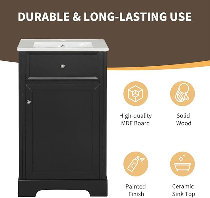 20" Bathroom Vanity with Sink, Wooden Bathroom Storage Cabinet with Soft Closing Door and Adjustable Shelve,Narrow Small Bathroom Cabinet for Small Space (20"× 18"×34"),Black