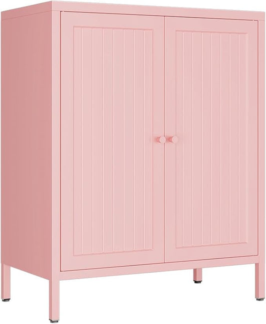 Living Room Cabinets, Pink Lockable Storage Cabinets with Doors and Shelves,2 Door Cabinet with high feet,Modern Metal Locker,Low Side Cupboard for Home,Office,Kitchen,Bathroom,Dining Room