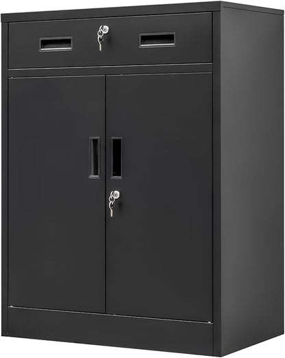 BESFUR 36" H Metal Cabinet with Lockable Drawer and 2 Lockable Doors, Black Locking Cabinet with Adjustable Shelf, Lockable Storage Cabinet for Home Office, Garage,School, Warehouse, Utility Room