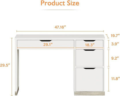 White Desk with Drawers, 48 Inch Small Computer Desk with 4 Storage Drawers for Small Space, Home Office Desk for Bedroom with Storage File Cabinet