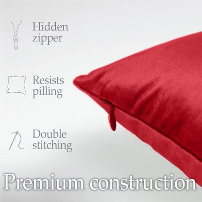 lalaLOOM Velvet Throw Pillow Covers, Set of 2, 18x18 Decorative Square Pillows Home Decor, Soft Accent Cases, Silky Machine Washable Pillowcases for Sofa, Couch, Bedroom, Living Room, Ruby Red