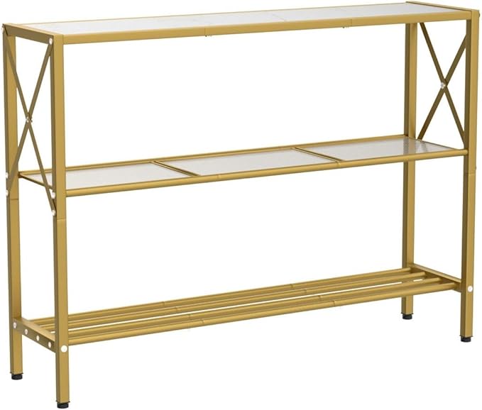 Hoctieon Gold Console Table, 3 Tier Entryway Table, Hallway Table, Narrow Sofa Table with Shelves, Entrance Table for Entryway, Gold and White