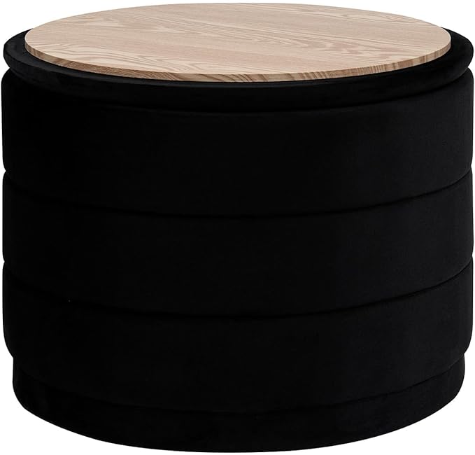PINPLUS Large Round Velvet Storage Ottoman, Black Upholstered Footstool with Hidden Storage, Sturdy Coffee Table Ottoman for Living Room & Bedroom