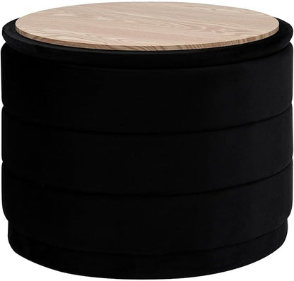 PINPLUS Large Round Velvet Storage Ottoman, Black Upholstered Footstool with Hidden Storage, Sturdy Coffee Table Ottoman for Living Room & Bedroom