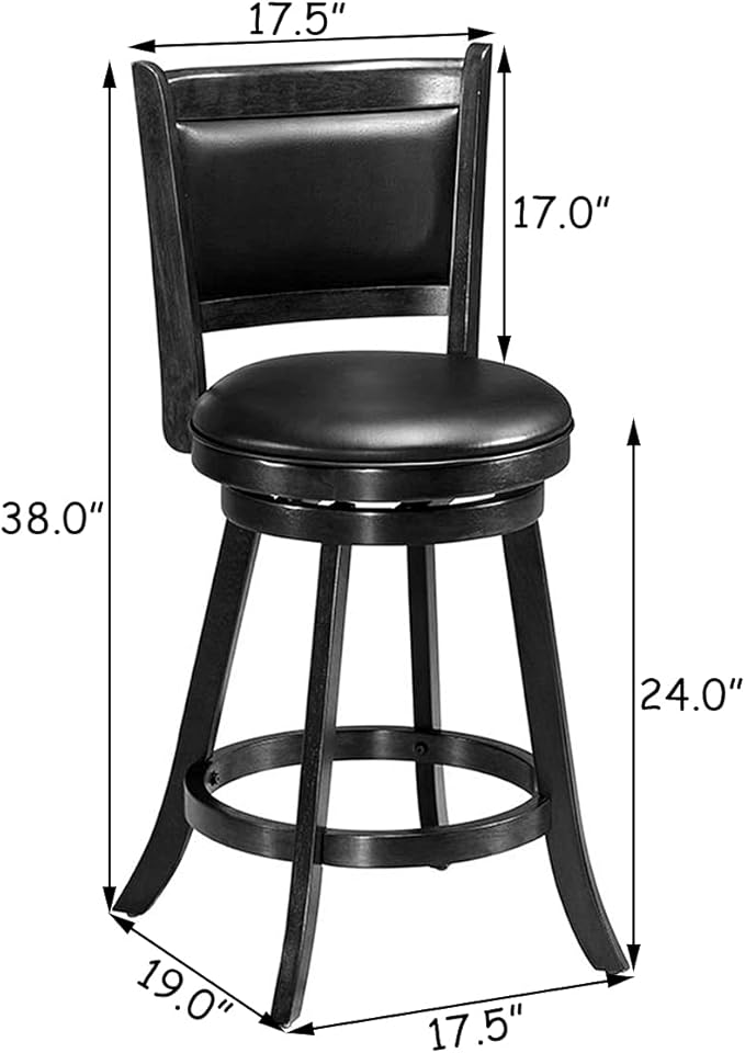 COSTWAY Bar Stools Set of 2, 360 Degree Swivel, Accent Wooden Swivel Back Counter Height Bar Stool, Fabric Upholstered Design, PVC Cushioned Seat (2 stools, Black 24'' Height)