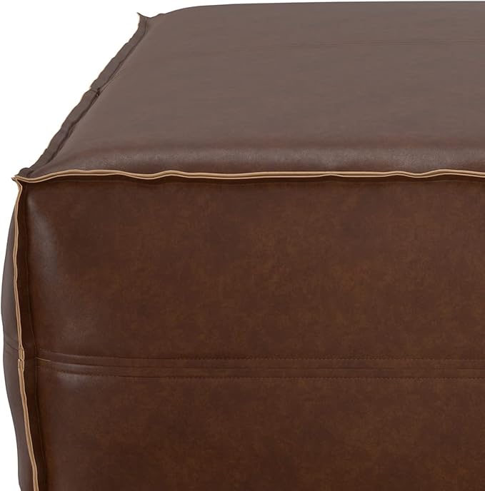 SIMPLIHOME Brody 36-inch Wide Extra Large Square Coffee Table Pouf in Distressed Dark Brown Vegan Faux Leather, Boho-Style Ottoman, Footrest, or Extra Seating for Living Room, Assembled