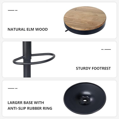 Kidol & Shellder Black Bar Stools Set of 2 Adjustable Swivel Backless Barstools Modern Round Wooden Seat Counter Height Bar Chairs Armless for Kitchen Island, Cafe, Dining Room
