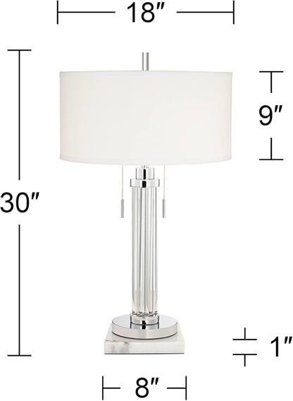 Possini Euro Design Cadence Modern Table Lamp 30" Tall with Square White Marble Riser Linear Glass Rod White Linen Drum Shade for Bedroom Living Room Nightstand Bedside Night Stand Office Kids Room