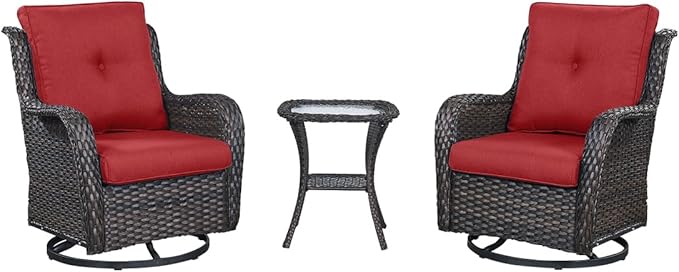 HUMMUH 3-Piece Swivel Rocking Rattan Chair Outdoor, Patio Bistro Furniture Conversation Set, Cushioned Wicker Chair with Glass Coffee Table