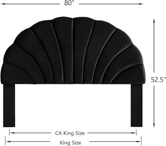 24KF Stunning Crown Design King Headboard, Upholstered Soft Velvet Petal Pattern Headboard King/CA King-Black